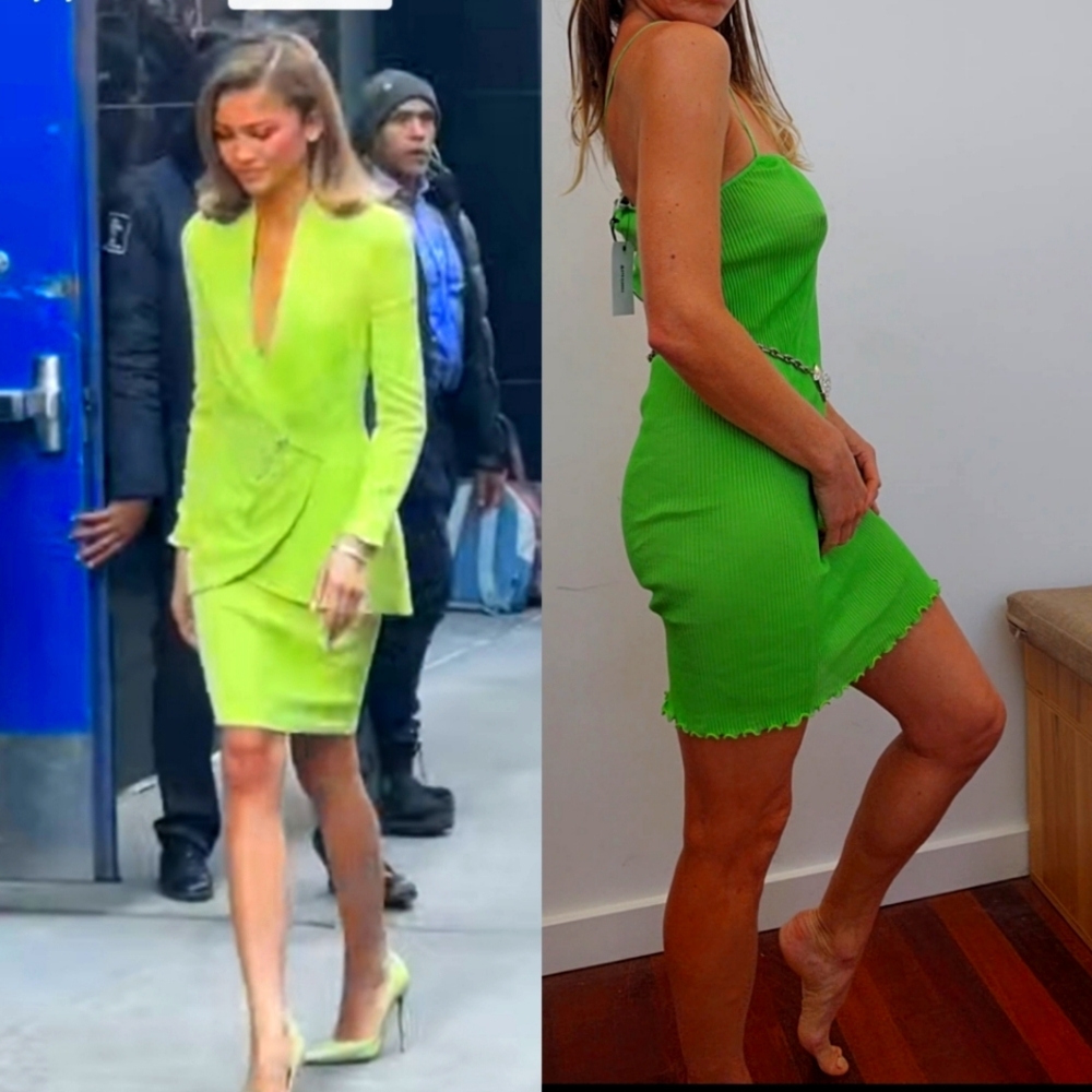 Nwt Ssense PRISCAvera green Slime Neon priscavera tiny pleat mini dress xs/s